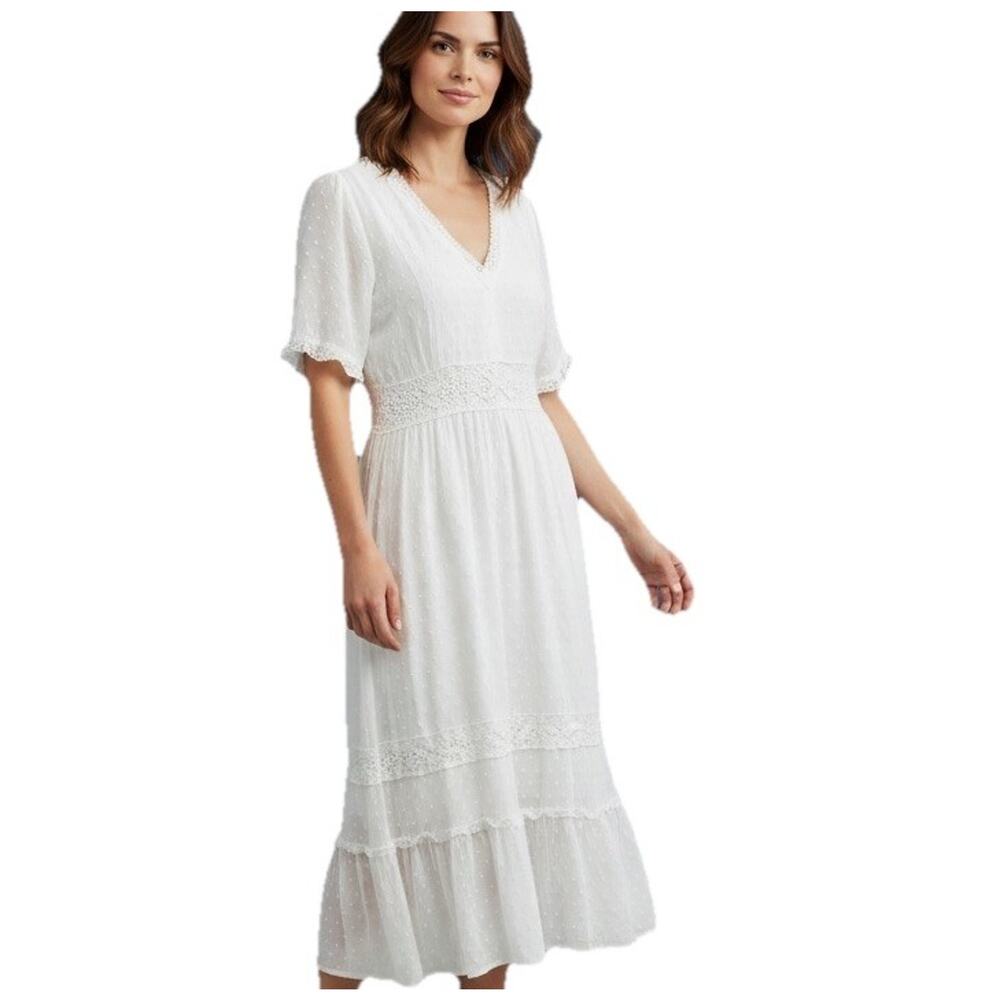 Knox Rose White Swiss Dot Lace Inset Maxi Dress Boho Cottagecore Size Medium